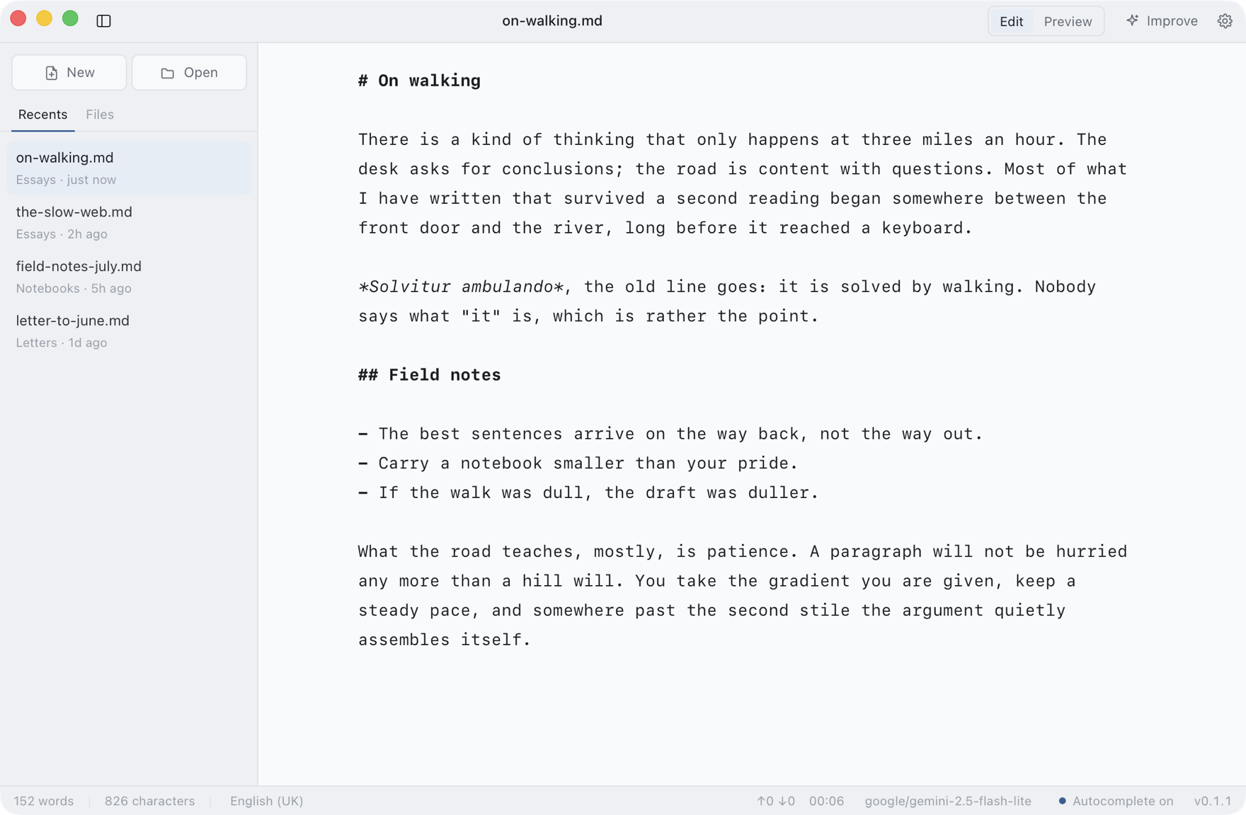 The Keats editor with a markdown document open